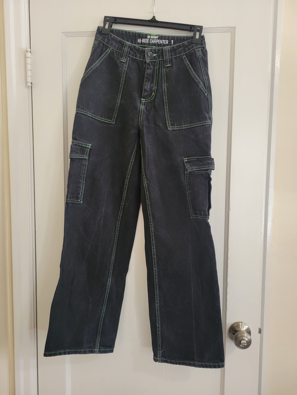 Hot Topic High Rise Black Carpenter Cargo Jeans with Lime Green Stitching